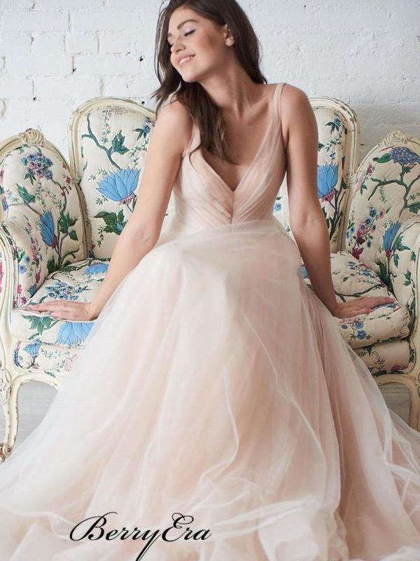 Deep V-neck Popular Wedding Dresses, A-line Tulle Wedding Dresses