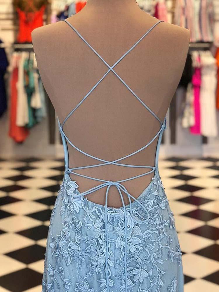 Spaghetti Long Sheath Light Blue Lace Prom Dresses