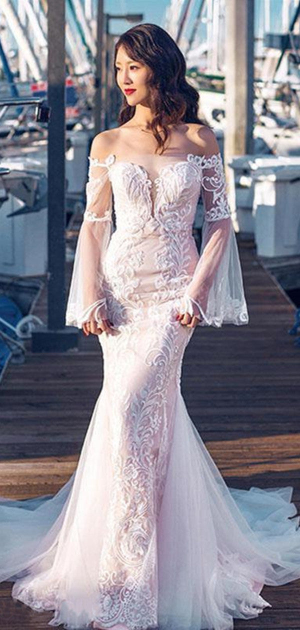 Long Sleeves Lace Off Shoulder Wedding Dresses, Mermaid Lace Beach Wedding Dresses