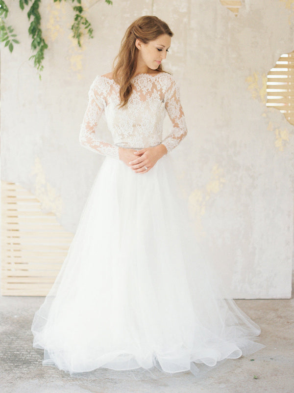 Long Sleeves Lace Tulle Wedding Dresses, Illusion Wedding Dresses, Country Wedding Dresses