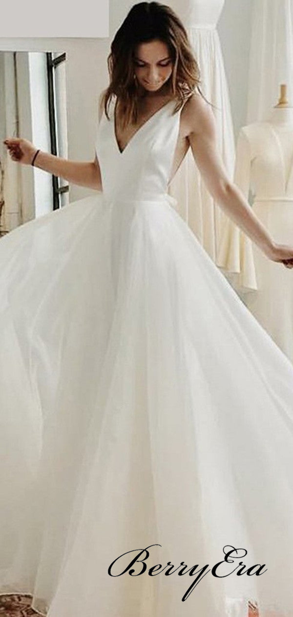 Simple A-line Wedding Dresses, V-neck Wedding Dresses, Cheap Wedding Dresses