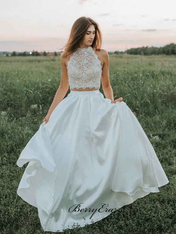 Two Pieces Lace A-line Wedding Dresses, Trendy Halter Wedding Dresses