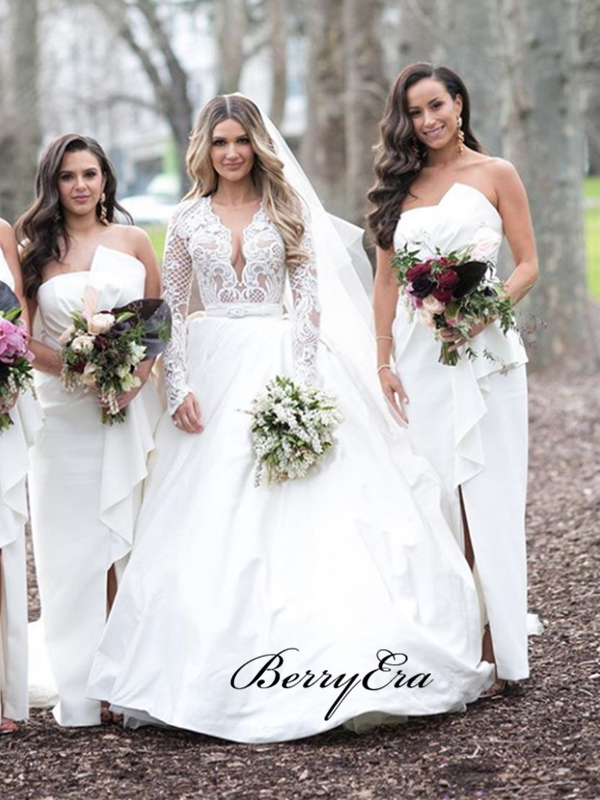 A-line Satin Lace Wedding Dresses, Long Sleeves Newest Bridal Gowns