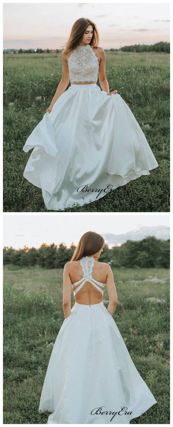 Two Pieces Lace A-line Wedding Dresses, Trendy Halter Wedding Dresses