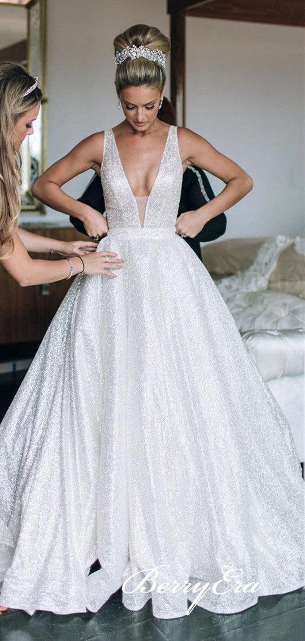 V-neck Glitter Fancy Wedding Dresses, Newest A-line Bridal Gowns, Wedding Dresses