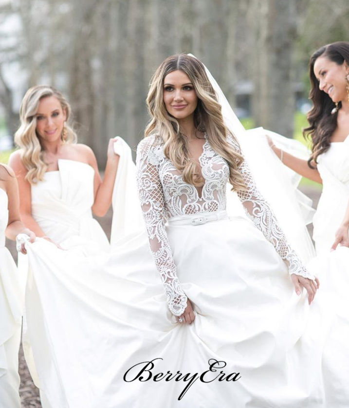A-line Satin Lace Wedding Dresses, Long Sleeves Newest Bridal Gowns