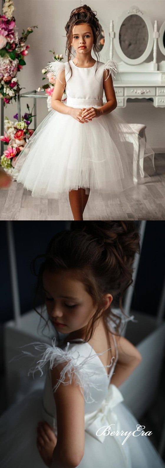 Lovely Ivory Satin Tulle Flower Girl Dresses With Bow Knot