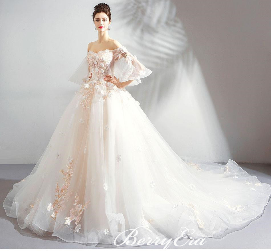 Off Shoulder A-line Romantic Lace Appliques Wedding Dresses