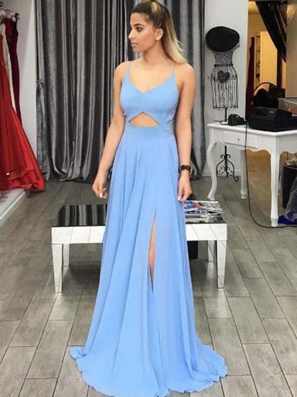 Blue Spaghetti Straps Prom Dresses With Side Slit, Sexy Long Evening Party Prom Dress