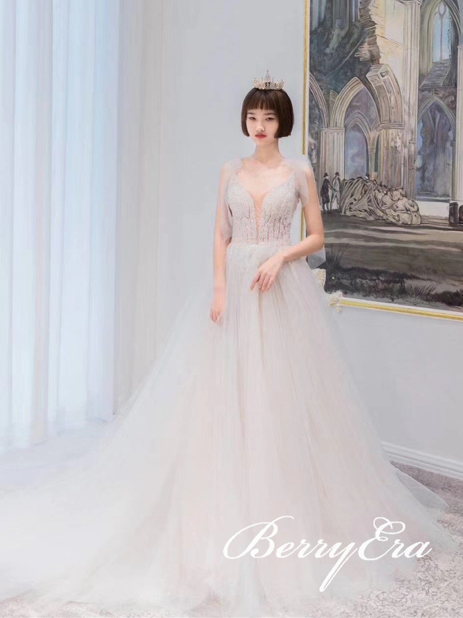 Gorgeous Beaded Tulle Long Wedding Dresses, Bridal Gown