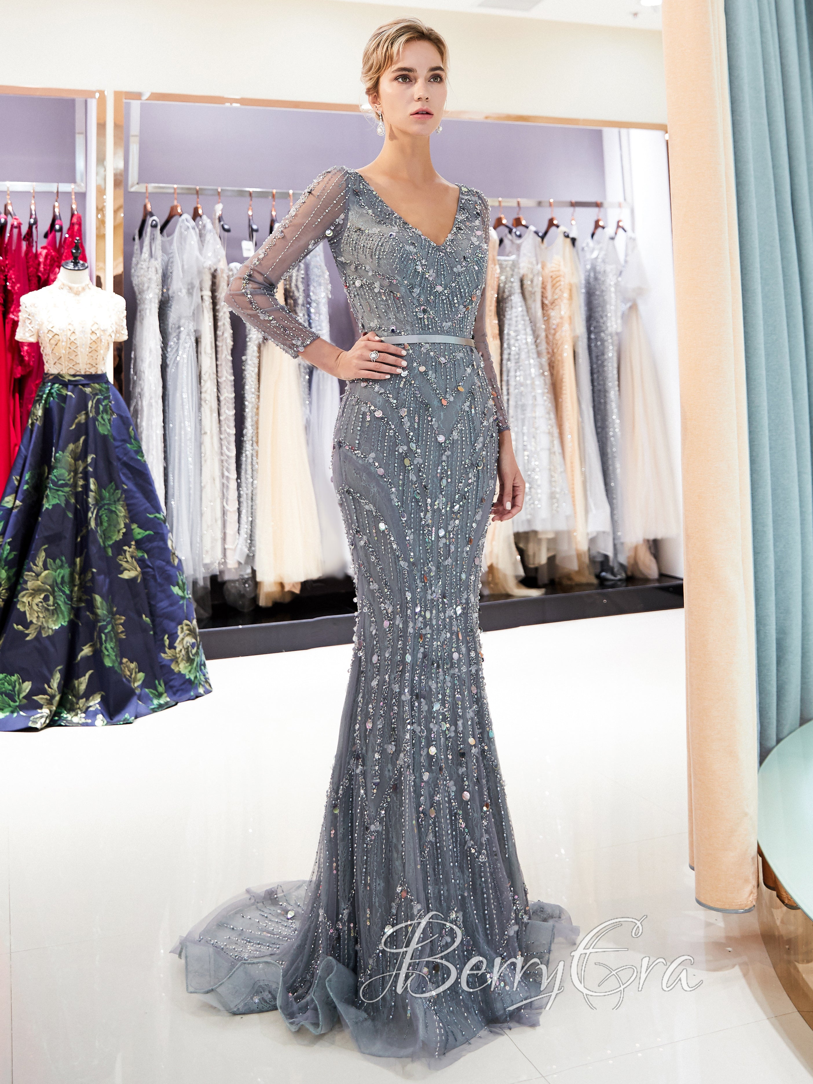 V-neck Long Sleeves Beaded Tulle Prom Dresses, Mermaid Prom Dresses, 2023 Prom Dresses, Newest Evening Dresses