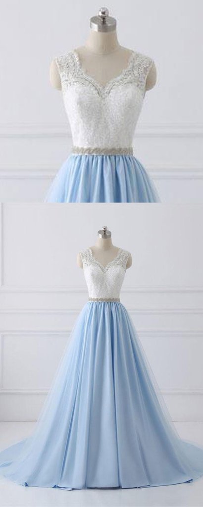 V-neck Lace Top Light Blue Long A-line Prom Dresses