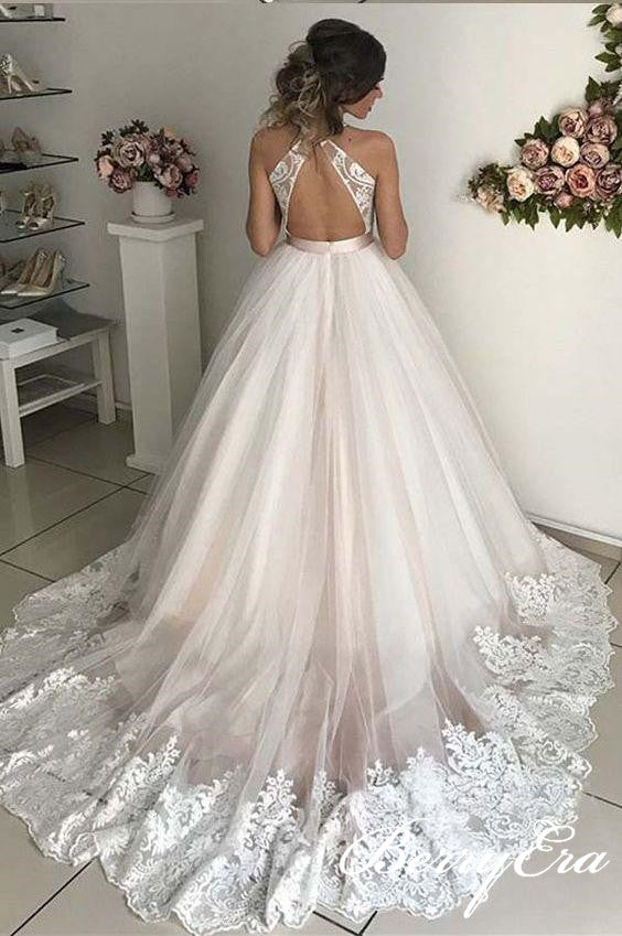 Deep V-neck Lace Tulle Long Wedding Dresses