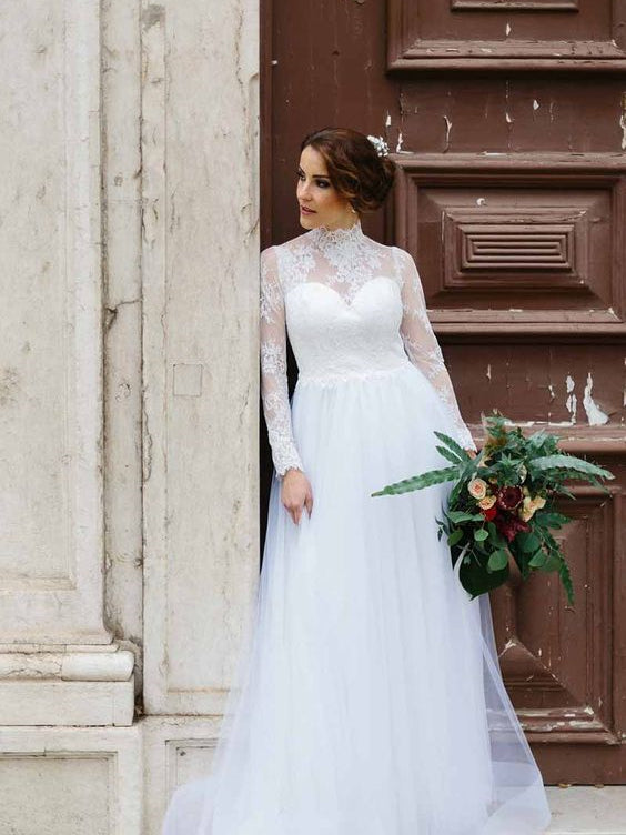 High Neck Long Sleeves Lace Tulle Wedding Dresses, White Wedding Dresses, A-line Elegant Wedding Dresses