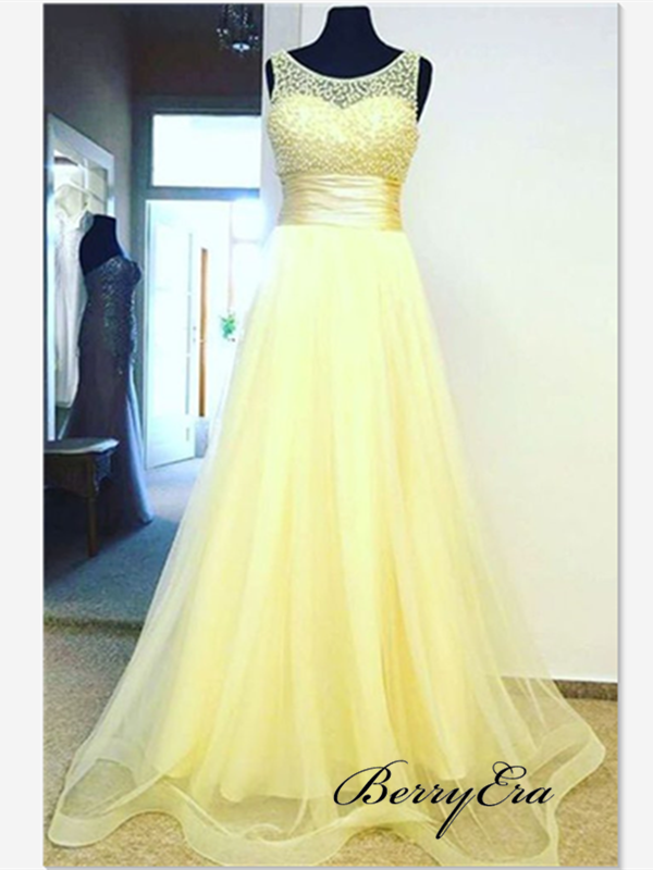 Beaded A-line Long Prom Dresses, Elegant Tulle Long Prom Dresses