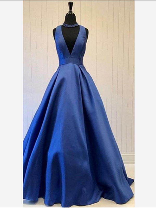 A-Line Royal Blue Prom Dress, 2019 Long Deep V-neck Prom Dress