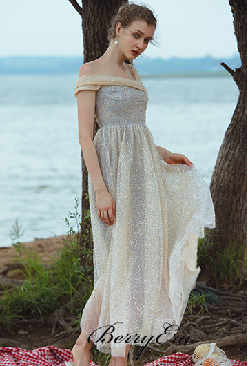 Off Shoulder Grey Beaded Sequin Prom Dresses, Long Prom Dresses, Brand Inspired Evening Gown