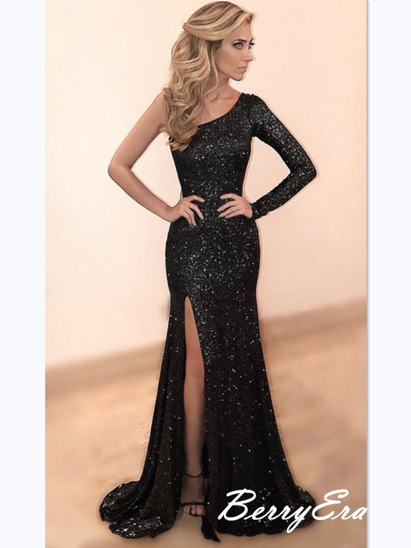 One Shoulder Long Sleeves Prom Dresses, Sequins Bling Prom Dresses