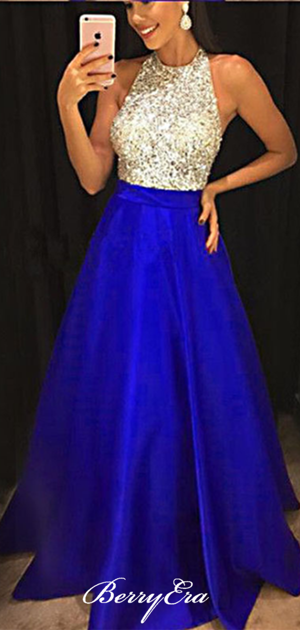Stain A-line Halter Long Prom Dresses, Beaded Beauty Prom Dresses