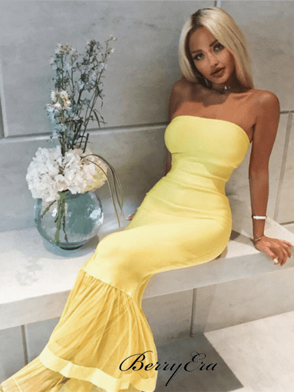 Strapless Yellow Mermaid Prom Dresses, Sexy Long Prom Dresses