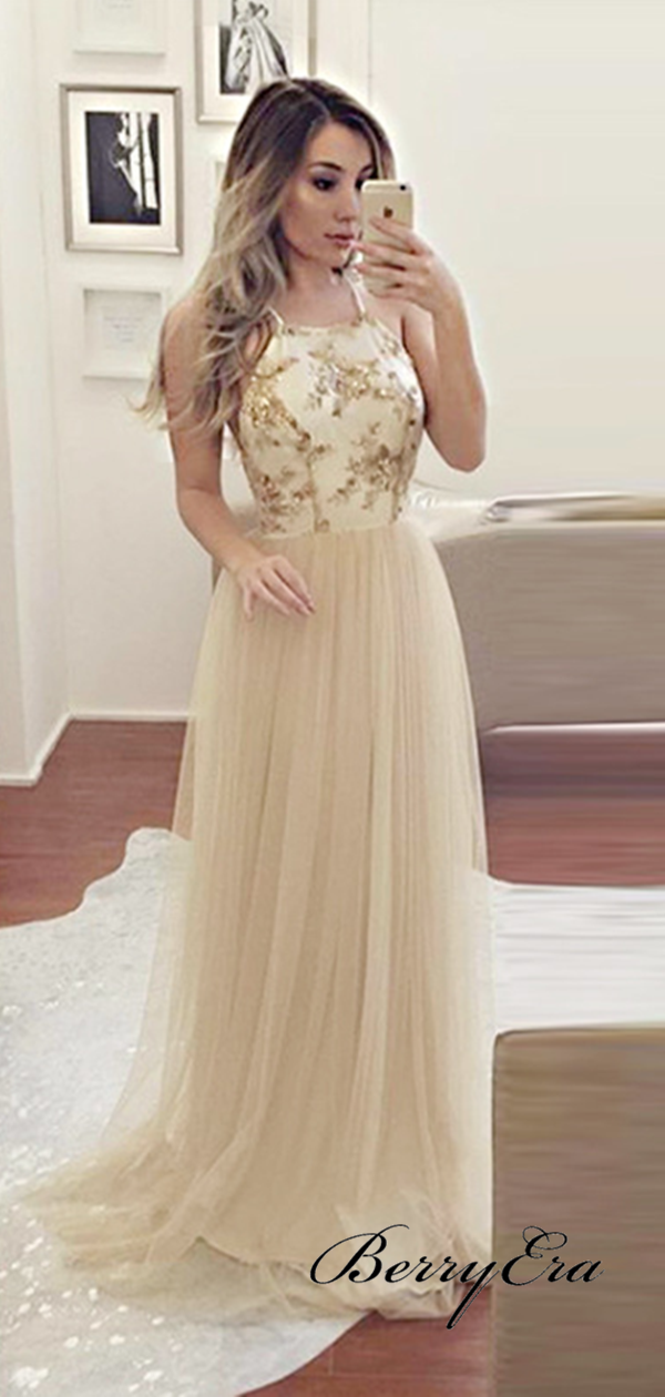 Modest Long Prom Dresses 2019, Tulle Cheap A-line Prom Dresses