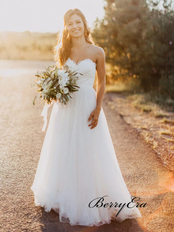 Strapless Sweetheart Wedding Dresses, Lace A-line Wedding Dresses