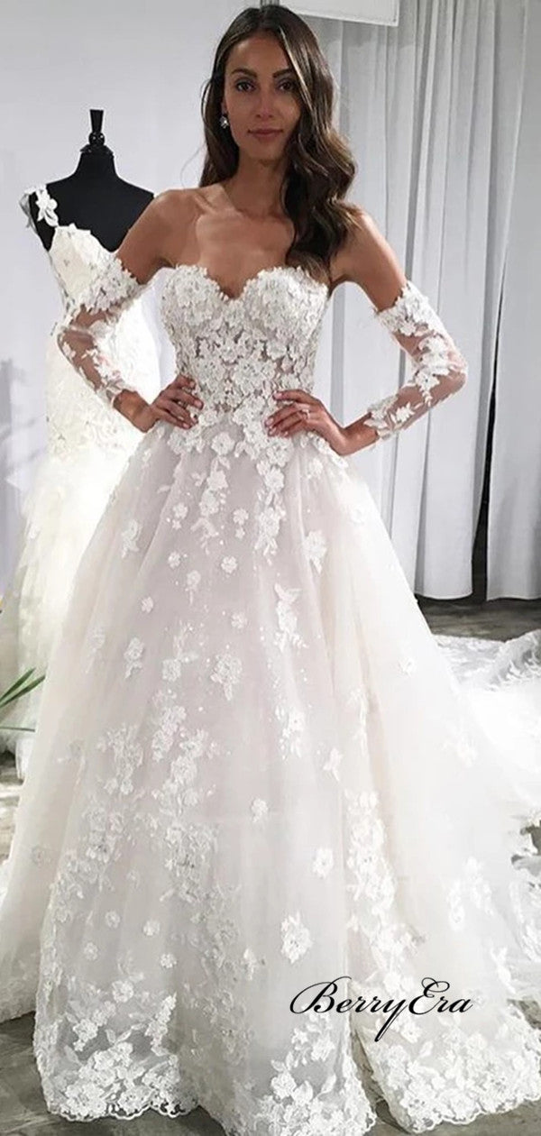 Sweetheart Long Sleeves Wedding Dresses, Lace A-line Wedding Dresses