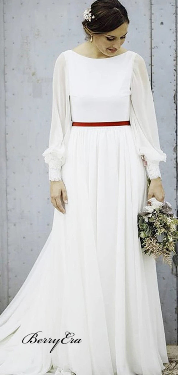 Long Sleeves Popular Wedding Dresses, Simple Chiffon Wedding Dresses