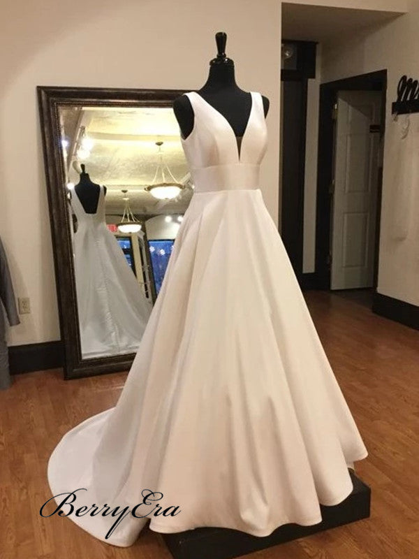 A-line Elegant Wedding Dresses, V-neck Popular Wedding Dresses