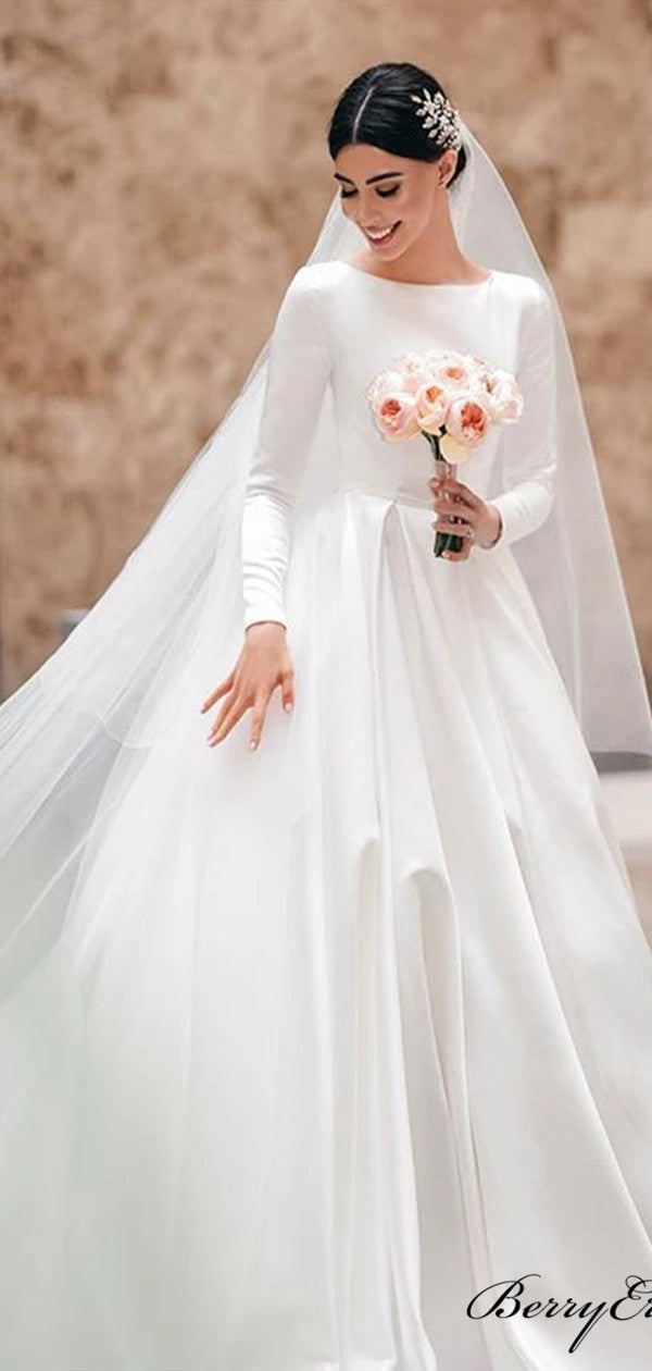 Simple Design A-line Satin Wedding Dresses, Long Sleeves Wedding Dresses