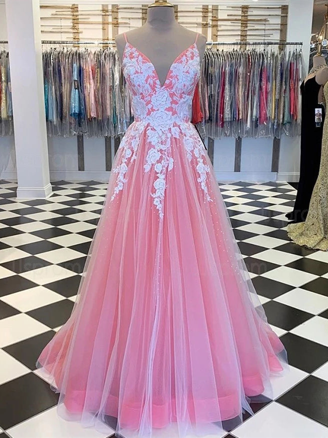 V-neck Long A-line Pink Tulle Lace Prom Dresses, Lovely Prom Dresses, Long Prom Dresses