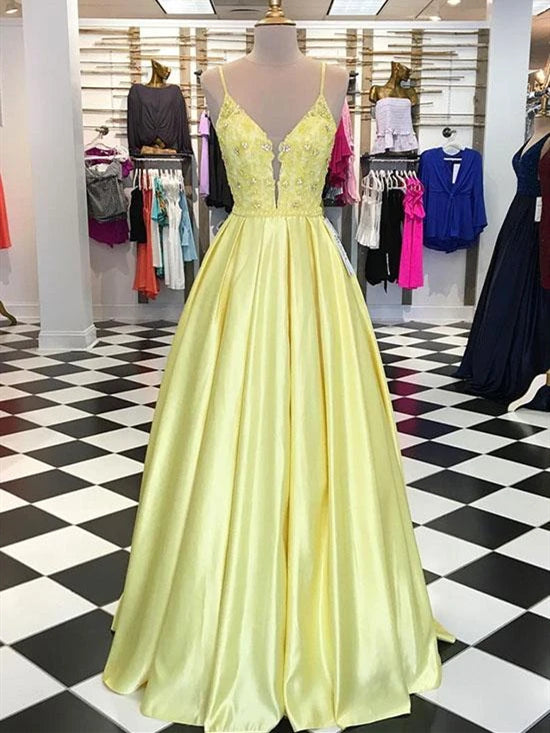 Spaghetti Long A-line Satin Prom Dresses, Yellow Prom Dresses, Beaded Prom Dresses