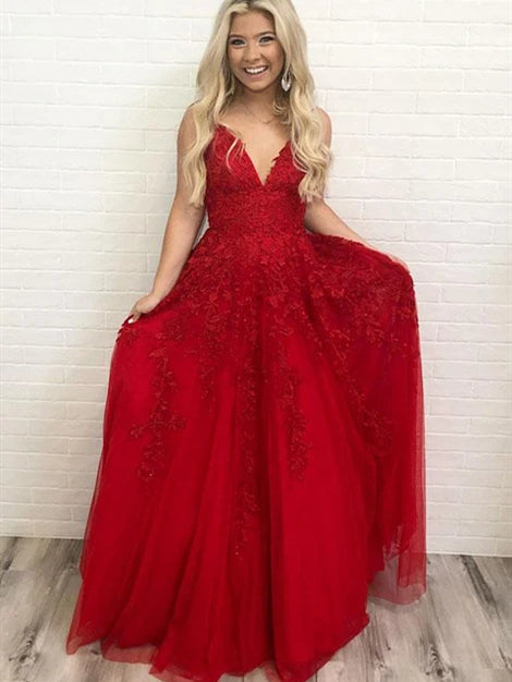 Red Lace Prom Dresses, A-line Prom Dresses, Long Prom Dresses, Lovely 2020 Prom Dresses
