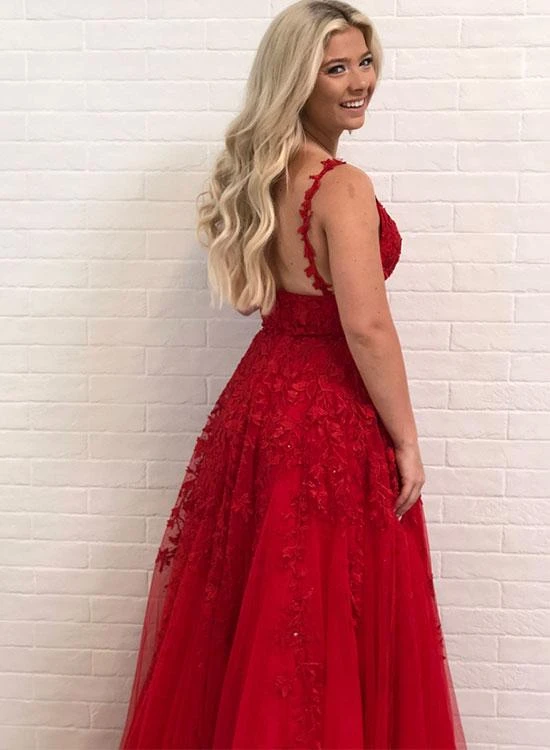 Red Lace Prom Dresses, A-line Prom Dresses, Long Prom Dresses, Lovely 2020 Prom Dresses
