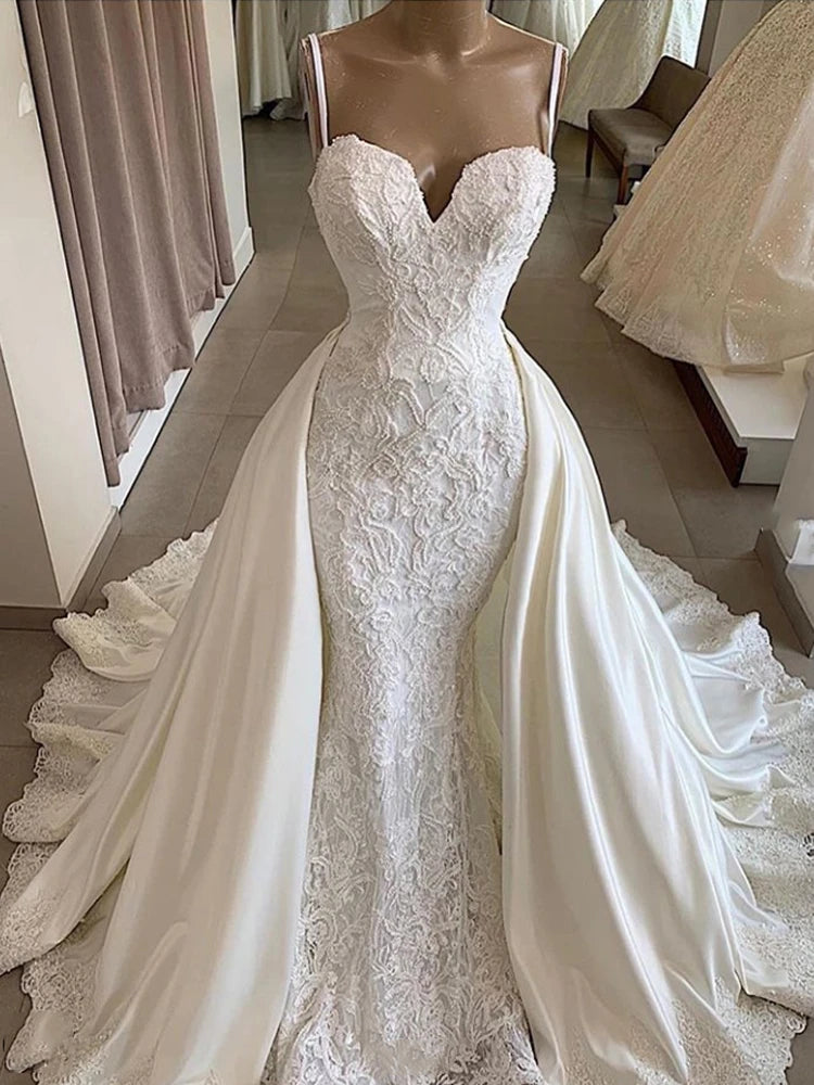 Spaghetti Long Ivory Lace Satin Wedding Dresses, 2 Pieces Wedding Dresses, Elegant Wedding Dresses