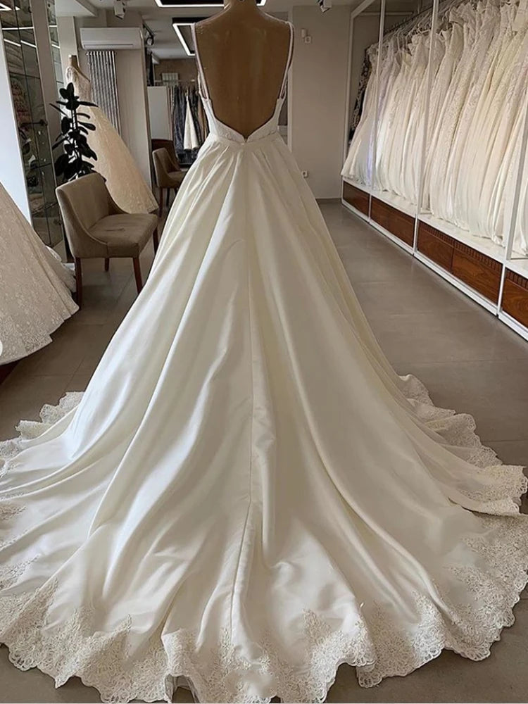 Spaghetti Long Ivory Lace Satin Wedding Dresses, 2 Pieces Wedding Dresses, Elegant Wedding Dresses