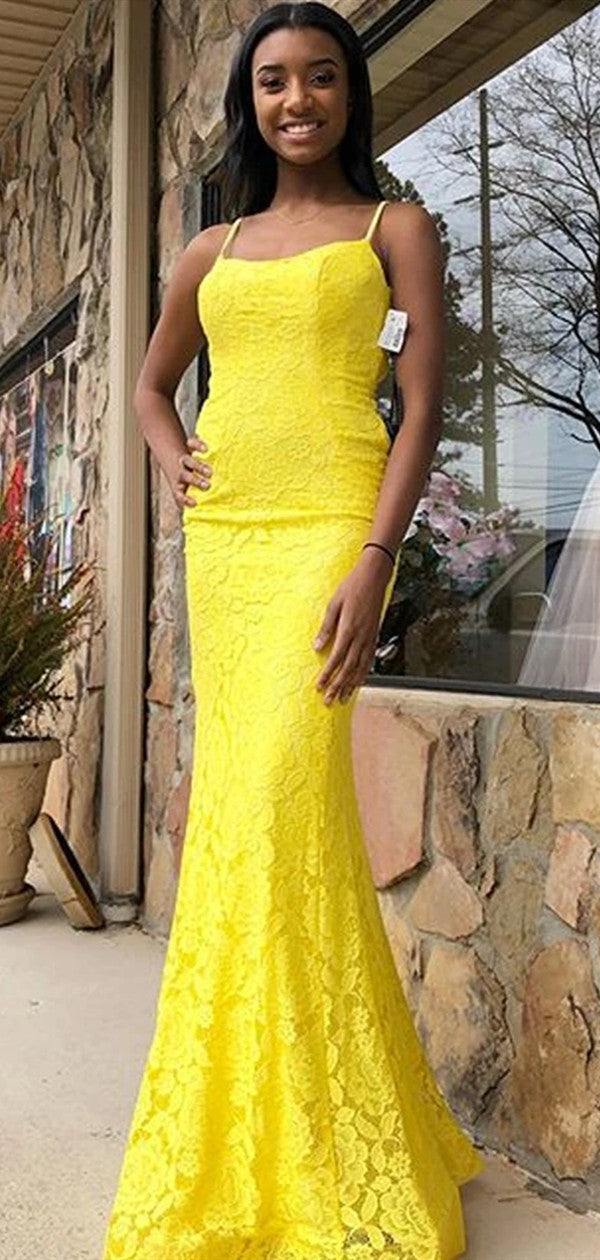 Fancy Yellow Color Lace Long Prom Dresses, Mermaid 2020 Lace Prom Dresses