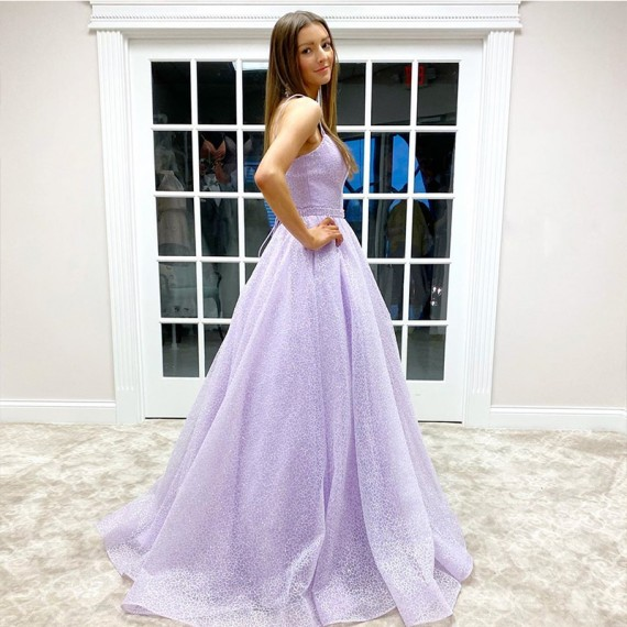 Lilac Sequin Tulle A-line Prom Dresses, Popular 2020 Prom Dresses, Lace Up Prom Dresses