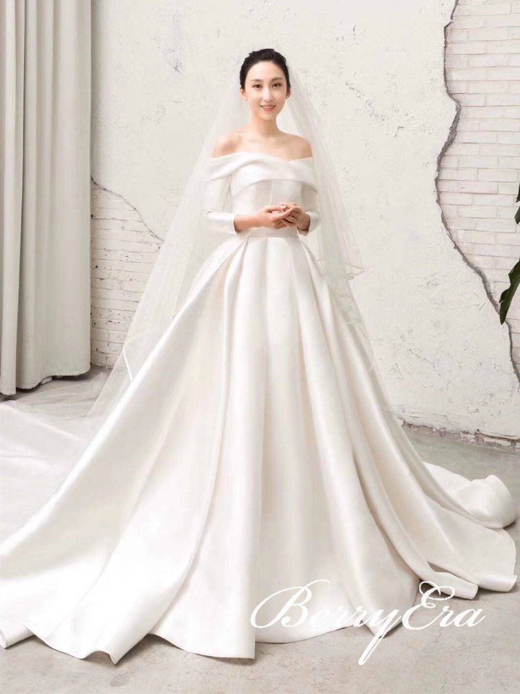Off Shoulder Ivory Satin Wedding Dresses, Long Sleeves Bridal Gown