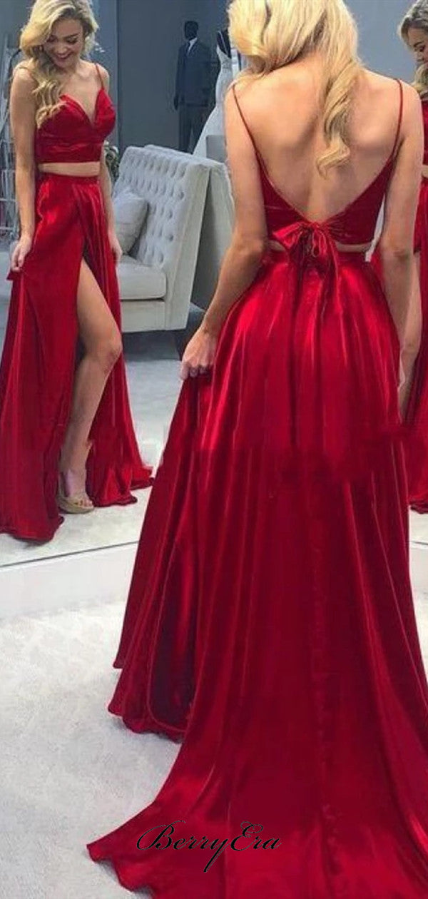 Two Pieces Simple Long Prom Dresses, V-neck Prom Dresses