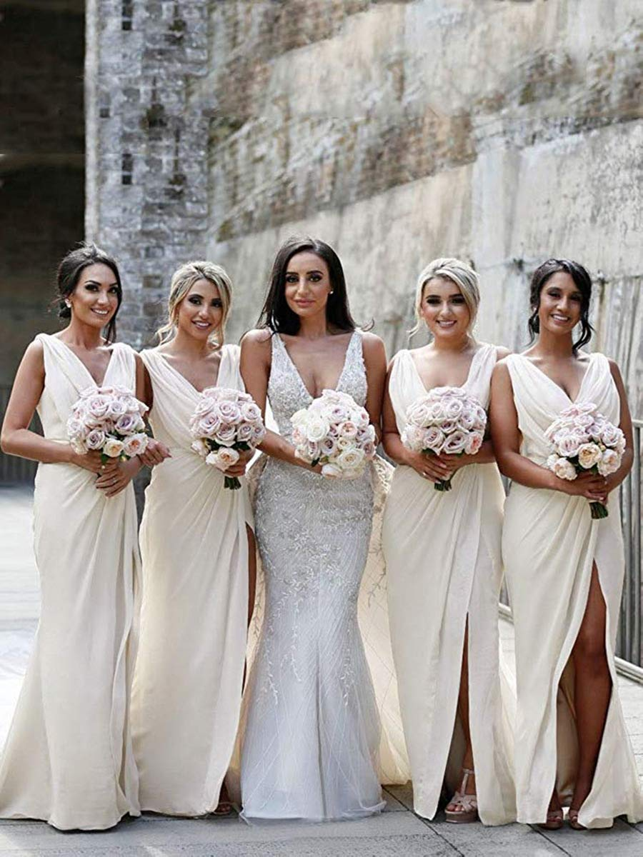 V-neck Sheath Side Slit Chiffon Bridesmaid Dresses, Long Bridesmaid Dresses, Popular Bridesmaid Dresses