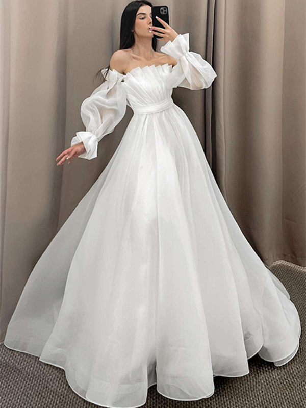 A-line Long Wedding Dresses With Detachable Sleeves, Simple Wedding Dresses, Newest Bridal Gowns