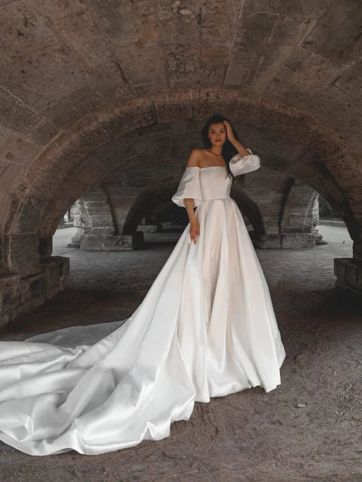 A-line Popular Satin Bridal Gowns, Newest 2023 Wedding Dresses, Quality Off Shouledr Wedding Gowns