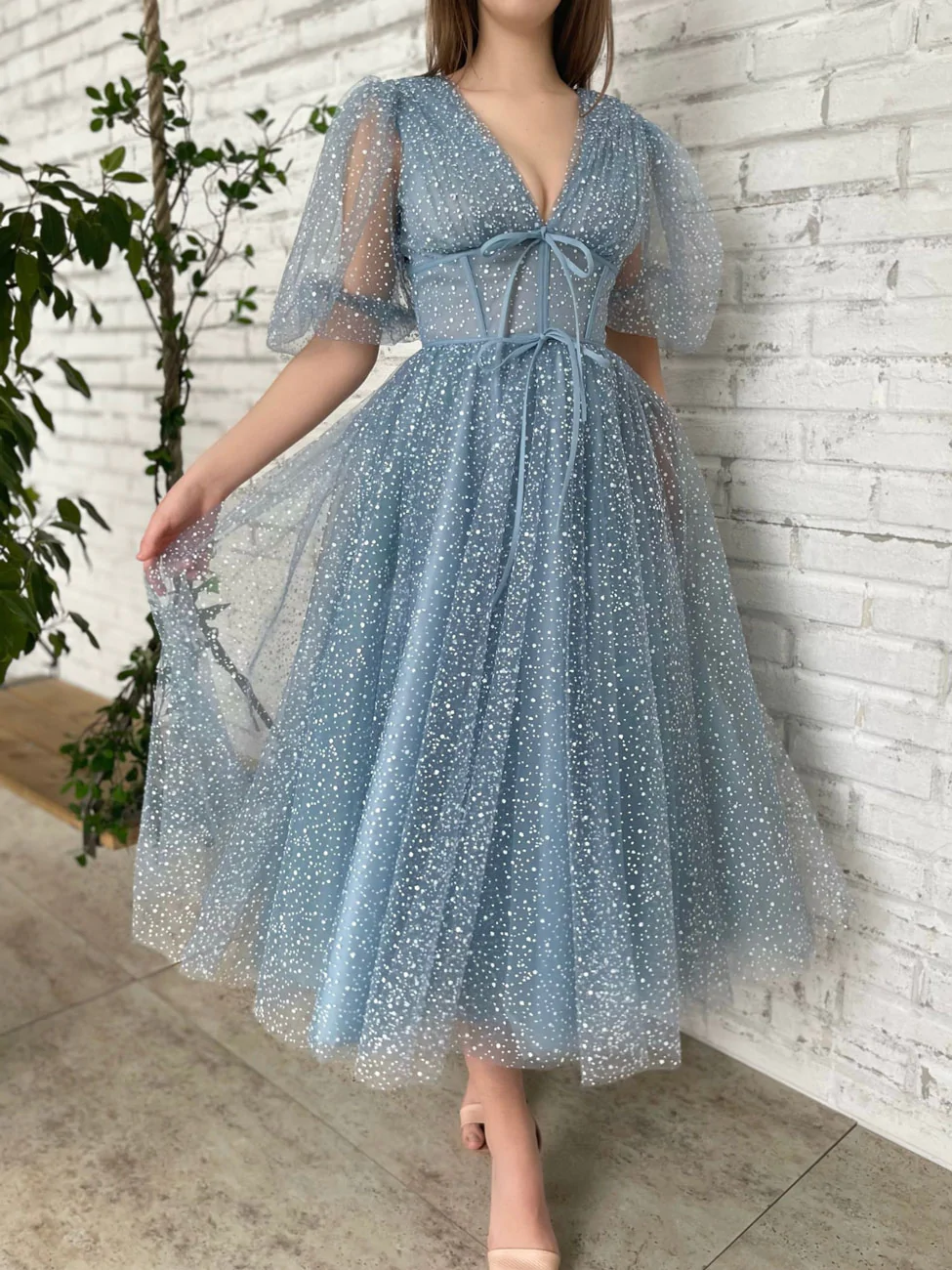 Newest A-line Gray Blue Prom Dresses, V Neck Blue Formal Cocktail Dress, 2023 Long Prom Dresses