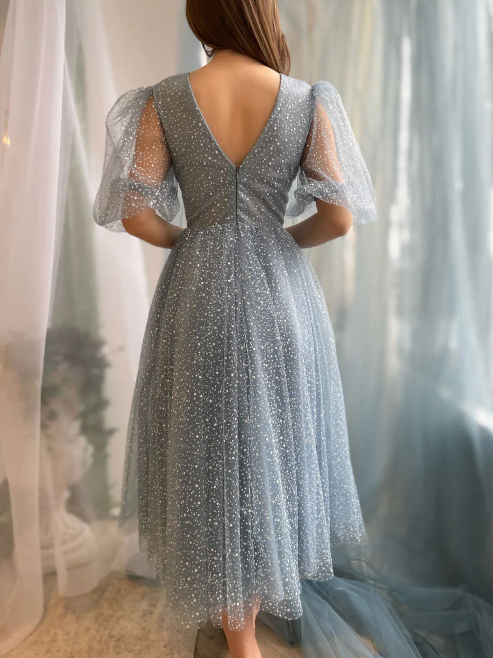 Newest A-line Gray Blue Prom Dresses, V Neck Blue Formal Cocktail Dress, 2023 Long Prom Dresses