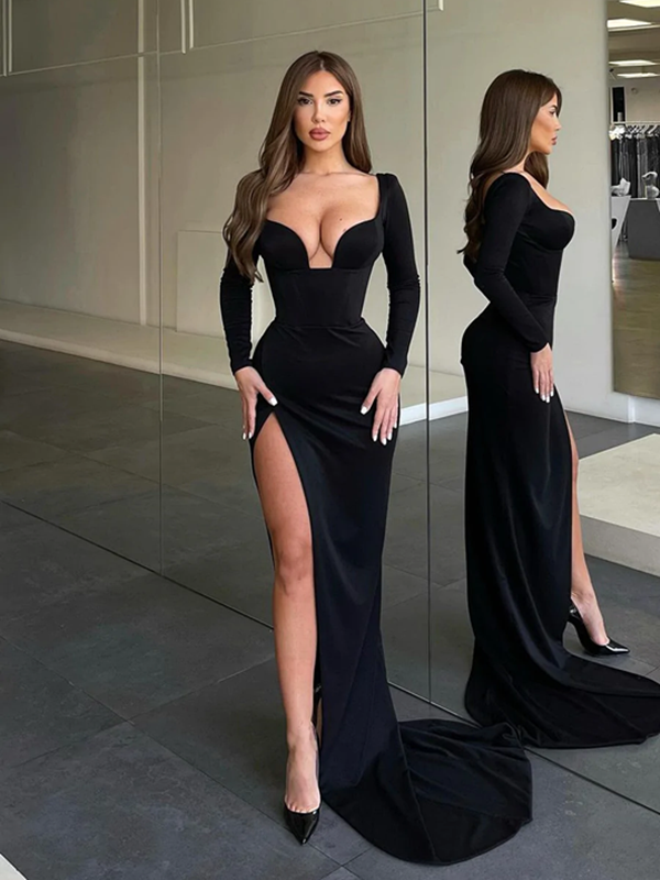 Black Long Sleeves Evening Party Dresses, High Side Slit Prom Dresses, 2023 Newest Mermaid Prom Dresses