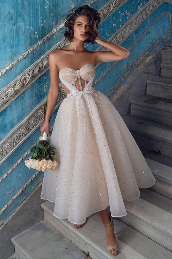Sweetheart Tea Length Prom Dresses, 2023 Fashion Sequins Prom Dresses, A-line Girl Evening Dresses