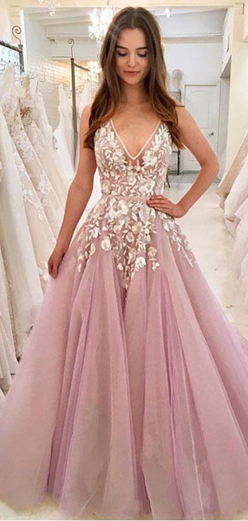 V-neck Lace Appliques A-line Tulle Pink Prom Dresses