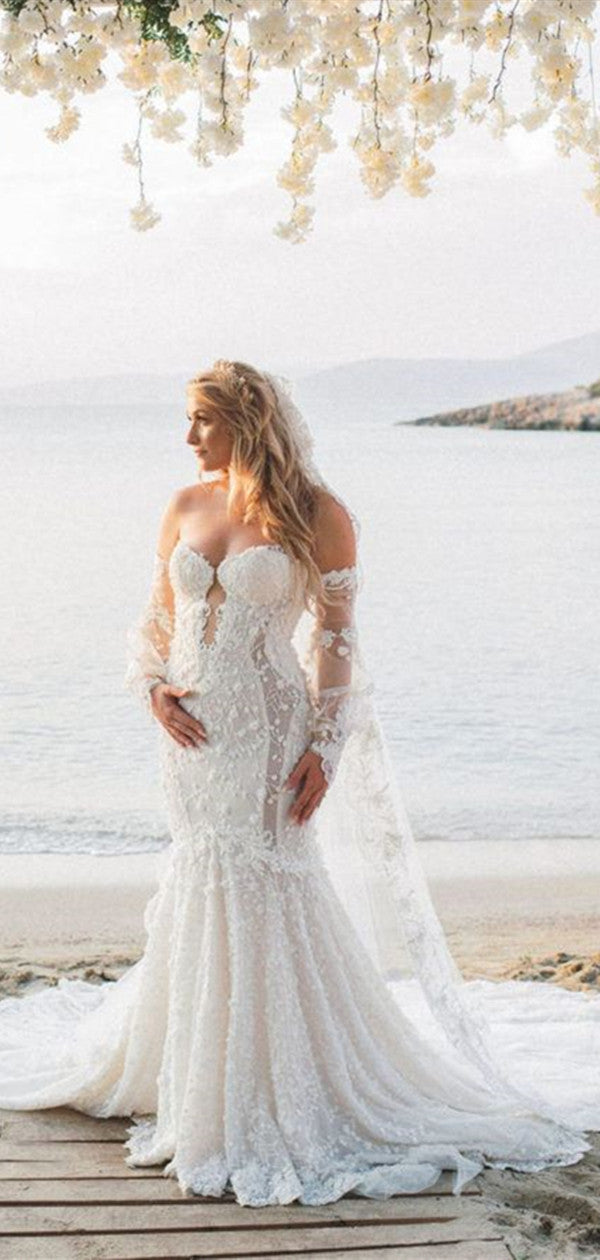 Long Sleeves Lace Fashion Wedding Dresses, Mermaid Popular 2020 Wedding Dresses