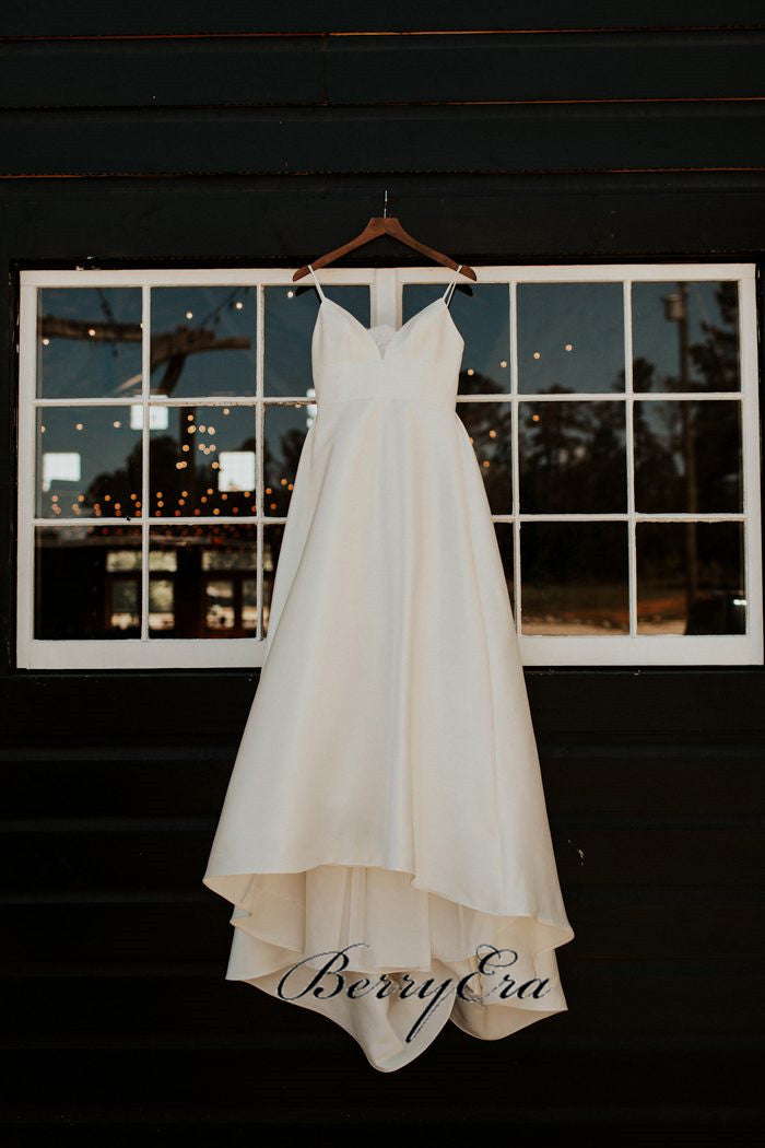 Spaghetti Long A-line Satin Wedding Dresses, Simple Bridal Gown, Long Wedding Dresses